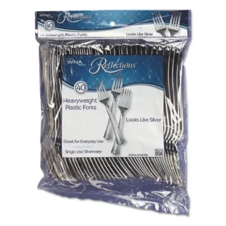WNA Reflections Heavyweight Plastic Utensils, Fork, Silver, 40/Pack