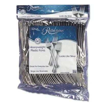WNA Reflections Heavyweight Plastic Utensils, Fork, Silver, 40/Pack