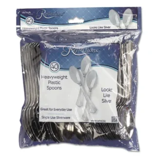 WNA Reflections Heavyweight Plastic Utensils, Spoon, Silver, 40/Pack