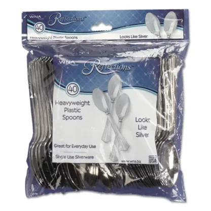 WNA Reflections Heavyweight Plastic Utensils, Spoon, Silver, 40/Pack