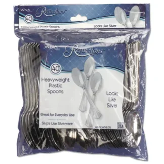 WNA Reflections Heavyweight Plastic Utensils, Spoon, Silver, 40/Pack, 8 Packs/Carton
