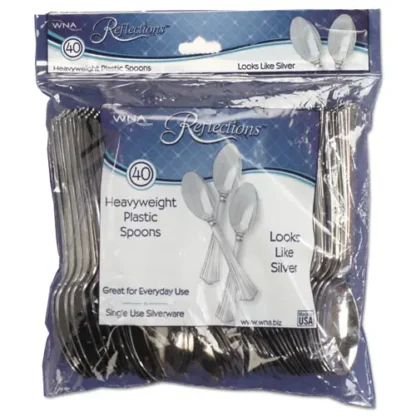 WNA Reflections Heavyweight Plastic Utensils, Spoon, Silver, 40/Pack, 8 Packs/Carton