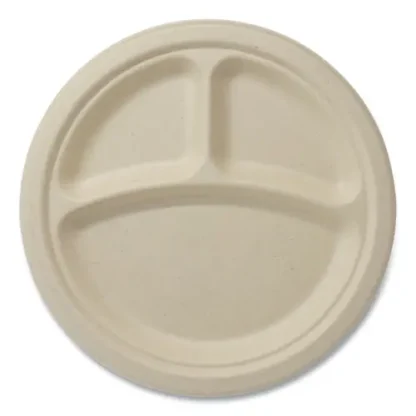 World Centric® Fiber Plates, 3-Compartment, Paper, 9" dia, Natural, 1,000/Carton