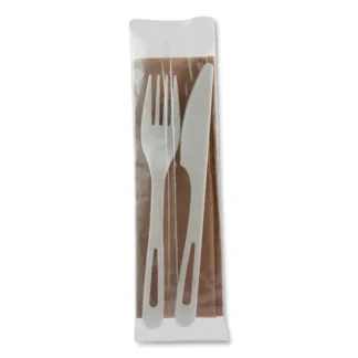 World Centric® TPLA Compostable Cutlery, Fork/Knife/Napkin, White, 500/Carton