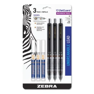 Zebra® Delguard Mechanical Pencil, 0.5 mm, HB (#2), Black Lead, Black Barrel, 3/Pack