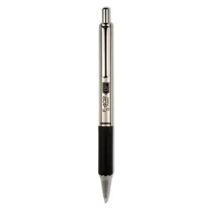 Zebra® F-402 Ballpoint Pen, Retractable, Fine 0.7 mm, Black Ink, Stainless Steel/Black Barrel