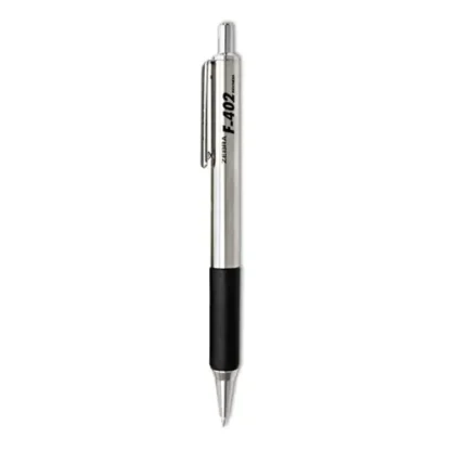 Zebra® F-402 Retractable Ballpoint Pen, Fine Point, 0.7 mm, Black Ink, Stainless Steel & Black Barrel, 2-Pack
