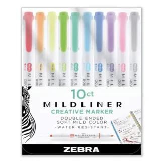 Zebra® Mildliner Double Ended Highlighter, Assorted Ink Colors, Bold-Chisel/Fine-Bullet Tips, Assorted Barrel Colors, 10/Set