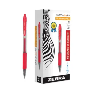 Zebra® Sarasa Dry Gel X20 Gel Pen, Retractable, Medium Point, 0.7 mm, Red Ink, Clear/Red Barrel, 12/Pack