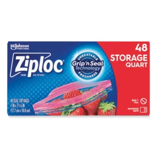 Ziploc® Double Zipper Storage Bags, Triple System Seal, Quart, Clear, 48/Box